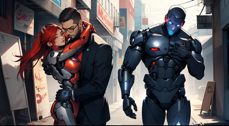 (a man (suit)) hugs (a cyborg woman)