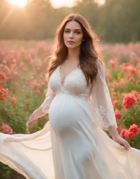 Cowboy Shot，Medium Long Shot，pregnant woman，Beautiful girl, Stand with your hands dangling, long hair flowing with the wind, In the middle of colorful flower beds, White dress