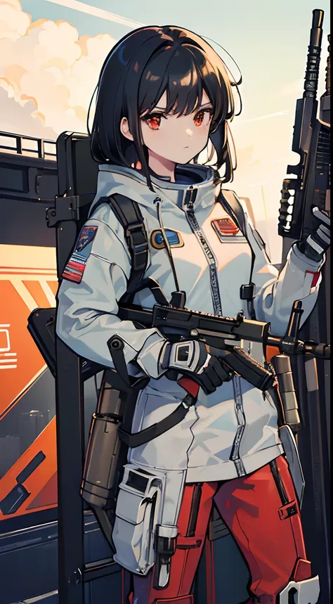 ((masterpiece)), ((best quality)), 1boy, 1girl, spacesuit, mecha, factory, serious faces, battle, warzone, holding m1 garand, tactical outfit, black hair red line girl, black hair boy,