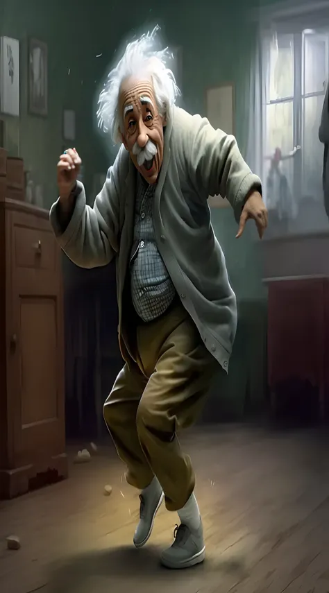 arafed image of a man with a white mustache and a moustache, he is dancing, albert einstein, by Ludwik Konarzewski, by Krzysztof Boguszewski, by Harrington Mann, dancing character, 3d render senior artist, by Ben Zoeller, by Franz Hegi, look like someone i...