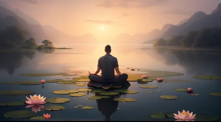 painting of a man sitting in a lotus position on a lake with water lilies, sitting on a lotus flower, meditation,  hd wallpaper, zen meditation, setting is bliss wallpaper, amazing wallpaper