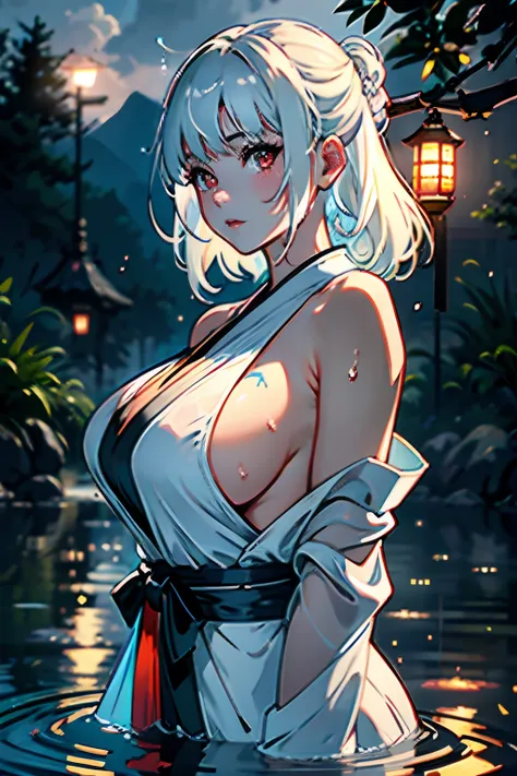 1girl, moon, lantern, night, solo, huge breasts, hair ornament, wet, kimono, micro bikin, wading, water, outdoors, sky, full moon, rain, red eyes, white hair, off shoulder, mountain, cloud, holding, sash, bare shoulders, paper lantern, standing, white kimo...