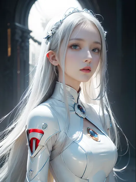 ((masterpiece:1.4, best quality:1.2)), 1girl, solo focus, tall female, delicate face, stern expression, extremely detailed anime face and eyes, beautiful white armor, hourglass figure, white hair, gradient hair, very long hair, red eyes, glowing eyes, cybe...