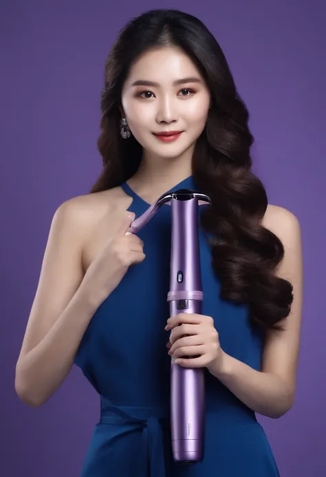 Asian woman holding automatic curling iron in front of face, The product is like this for her - view, the woman has long dark hair, Wang Chen, multiversal hair, blue backdrop, Official product image, professional product photo, dynamic wavy hair, Full body...