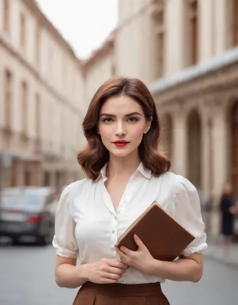 retro style woman, short wavy hair, white blouse and retro brown skirt, holds open book, serious look, street background, half length shot, bokeh style, high quality photo