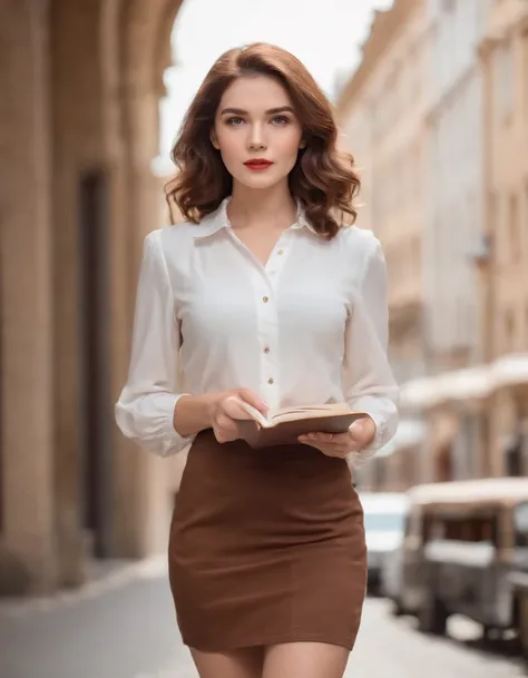 retro style woman, short wavy hair, white blouse and retro brown skirt, holds open book, serious look, street background, half length shot, bokeh style, high quality photo