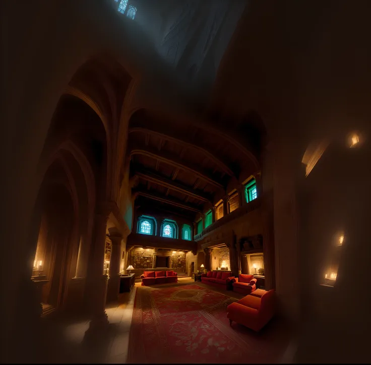 Allafed Room，Features a red sofa and red carpet, Intricate castle interior, inside castle, Inside an epic Gothic castle, in a futuristic desert palace, Castle hall, inside a grand, gothic mansion room, Castle Library, Dramatic ambient lighting, located in ...