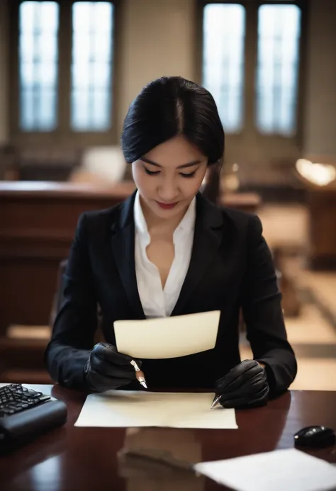 Wearing black leather gloves in both hands, upper body, black business suit, facing the desk in the modern study in the dark, looking down, smiling, writing a letter using a fountain pen, long, straight black hair, young and cute face Japanese female new e...