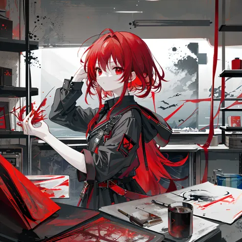 ​masterpiece、top-quality、「Against the backdrop of a collapsed submerged city、Girl with red hair and red eyes、Dressed in rough red and black clothes、Wear military fashion、Create images with a grunge-like atmosphere。Use gray as a secondary color、Add dirty te...