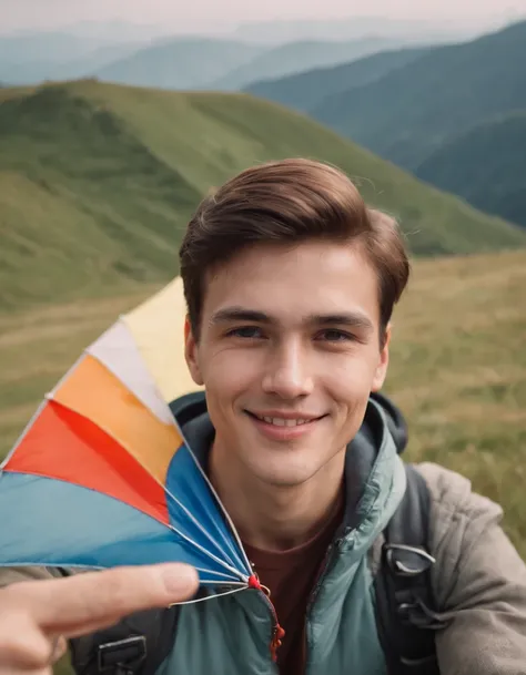 a young man give thumbs up while standing in the mountains with his kites, in the style of yashica mat-124g, wimmelbilder, lensbaby optics