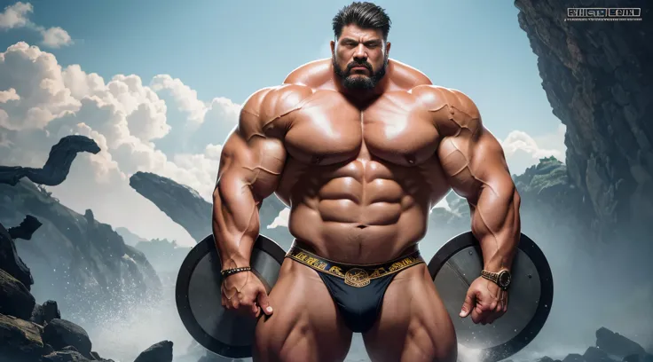 (Extremely detailed 8k wallpaper), A Chinese shaman,High detail, Dramatic ，short detailed hair，short mustache，Wear bright gold thongs，Perfect figure with tattoos, Very huge and strong body, Bulging muscles, musculous, Very large pectoral muscles，Very sexy ...