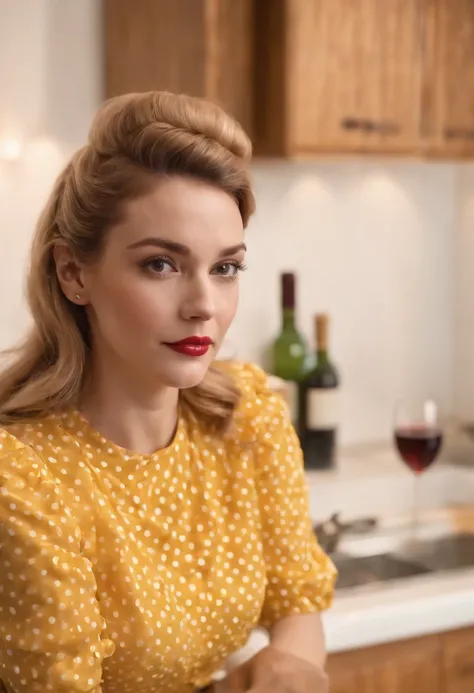 woman in retro yellow polka dot dress, sitting at kitchen counter, bored attitude, glass of wine in hand, high angle shot, close up shot, spot light, high quality photo,medium shot