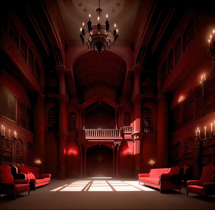 Allafed Room，Features a red sofa and red carpet, Intricate castle interior, inside castle, Inside an epic Gothic castle, in a futuristic desert palace, Castle hall, inside a grand, gothic mansion room, Castle Library, Dramatic ambient lighting, located in ...