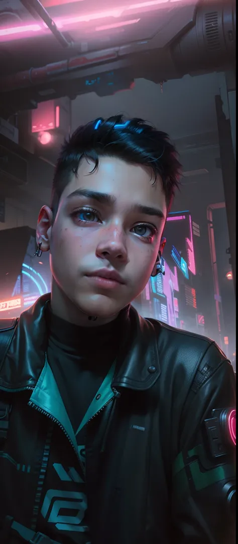 A boy Cyberpunk neon toddler realistic face nature handsome boy