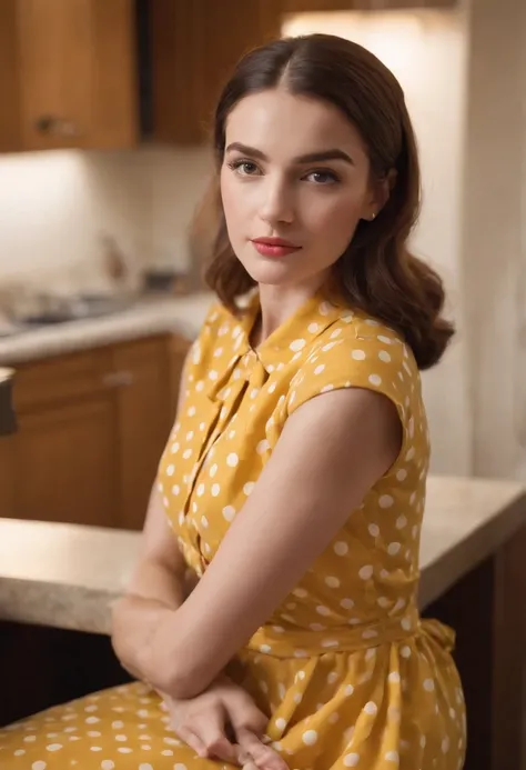 woman in retro yellow polka dot dress, sitting at kitchen counter, bored attitude,high angle shot, close up shot, spot light, high quality photo,medium shot