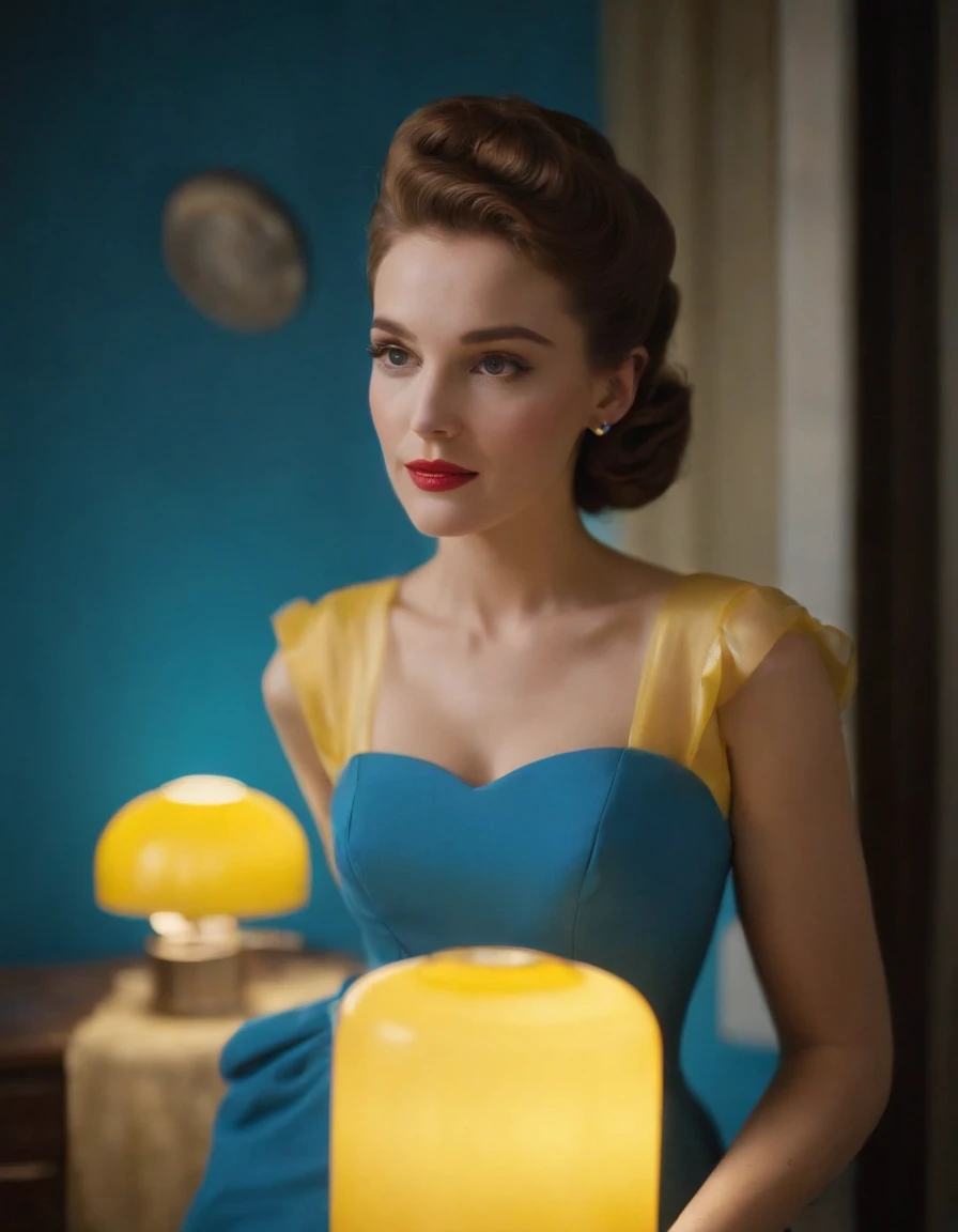 1950s fashion, close up photo, a woman wearing a blue dress, with a yellow lamp near her, in the style of neon and fluorescent light, blocky, transparency, handcrafted designs, 35mm film