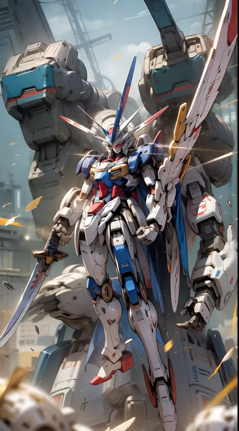 best quality, anime style, gundam, mecha, blue shoulders, red chest, sword in right hand, left hand closed, white legs, white feet --auto --s2