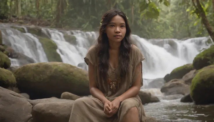 An 18-year-old indigenous girl sits on a rock in the Amazon River, exuberant anime john 8k woods, atey ghailan 8 k, The harp is played in the magical forest, In the style of Artie Guéran, inspired by Atey Ghailan, delightful surroundings, forest setting, a...