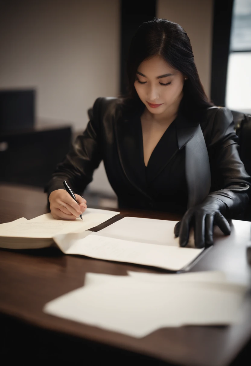 Wearing black leather gloves in both hands, upper body, black business suit, facing the desk in the modern study in the dark, looking down, smiling, writing a letter using a fountain pen, long, straight black hair, young and cute face Japanese female new e...