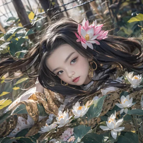 32K（tmasterpiece，k hd，hyper HD，32K）Long flowing black hair，ponds，zydink， a color， Aozhou people （Concubine girl）， （Silk scarf）， Combat posture， looking at the ground， long whitr hair， Floating hair， Carp pattern headdress， Chinese long-sleeved clothing， （a...