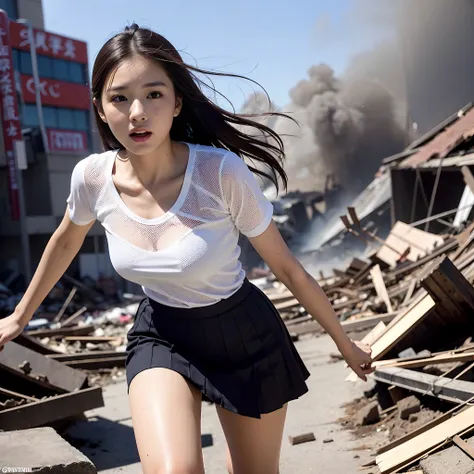 (in 8K、RAW Photos、top-quality、​masterpiece:1.2)、(realisitic、Photorealsitic:1.37)、ultra-detailliert、超A high resolution、Heroine of a monster movie、Japan beautiful 15-year-old schoolgirl desperately fleeing from giant monsters in devastated Tokyo、School Unifo...