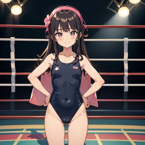 ((​masterpiece、top-quality)) 、Junior Idol、(Soio)、japanes、A dark-haired、silly smile、Pink Leotard Swimsuit 、girl with、Lori、8years old。is standing、Katyusha on the head、Facing the front、Being on the wrestling mat