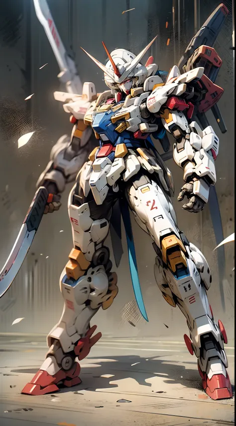 best quality, anime style, gundam, mecha, blue shoulders, red chest, sword in right hand, left hand closed, white legs, white feet --auto --s2