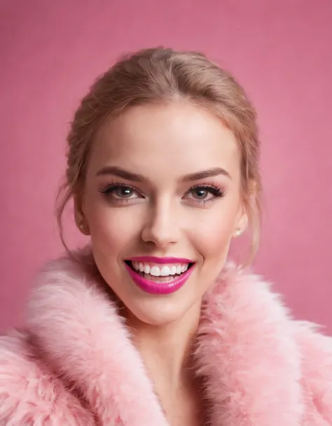 woman wearing pink fur with her mouth open and smiling, in the style of bold pop, close-up, energetic gestures