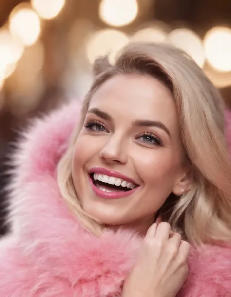 woman wearing pink fur with her mouth open and smiling, in the style of bold pop, close-up, energetic gestures