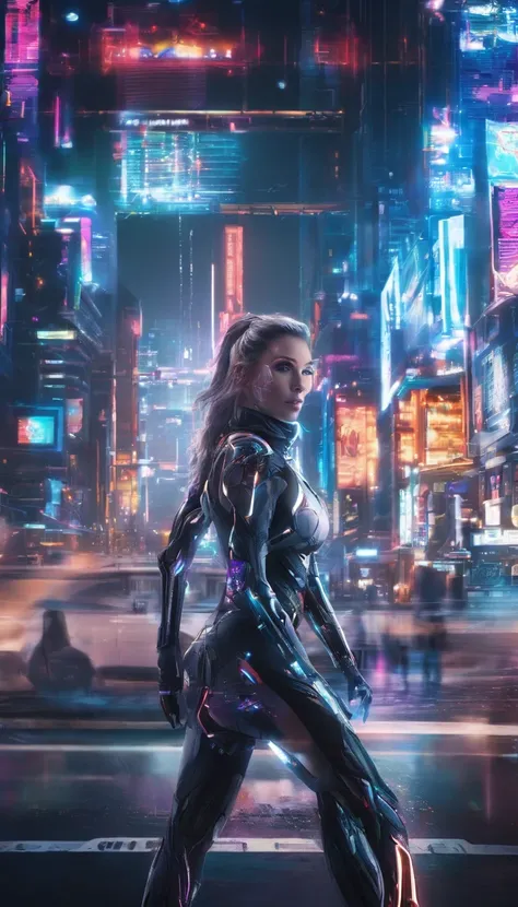 Cyberpunk style scientist，Semi-mechanized scientist，Combat posture，majestic-looking，The feeling of moving forward，Stunning colors。Set in a futuristic cyberpunk style city，the street，People with blurred vision，（Movie lighting），（light and shadow effect），（unr...