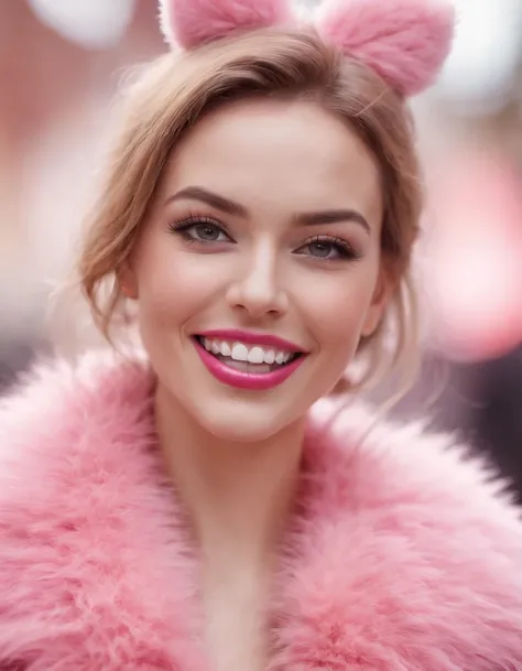 woman wearing pink fur with her mouth open and smiling, in the style of bold pop, close-up, energetic gestures