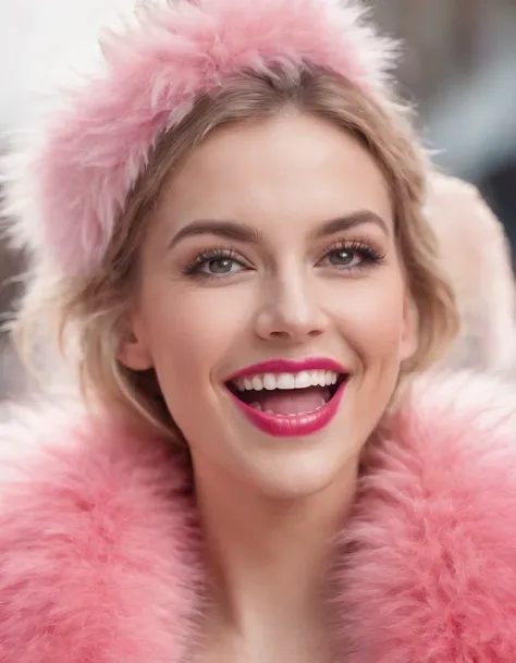 woman wearing pink fur with her mouth open and smiling, in the style of bold pop, close-up, energetic gestures