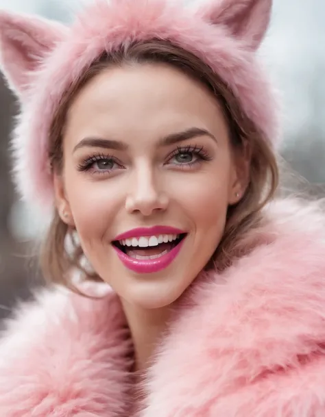 woman wearing pink fur with her mouth open and smiling, in the style of bold pop, close-up, energetic gestures