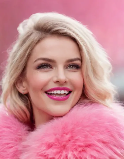 woman wearing pink fur with her mouth open and smiling, in the style of bold pop, close-up, energetic gestures