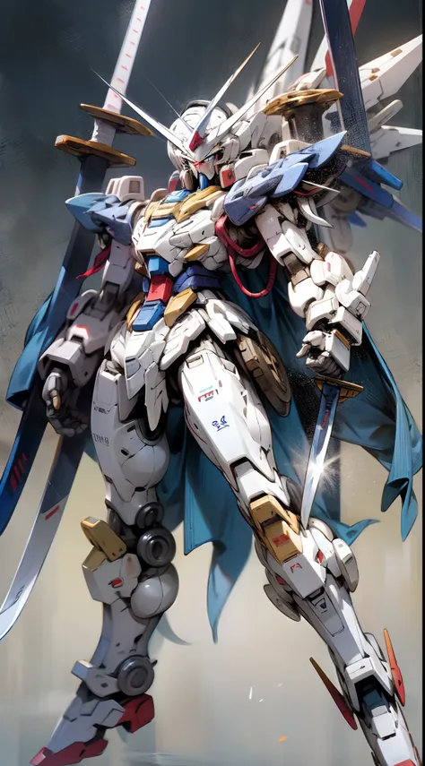 best quality, anime style, gundam, mecha, blue shoulders, red chest, sword in right hand, left hand closed, white legs, white feet --auto --s2