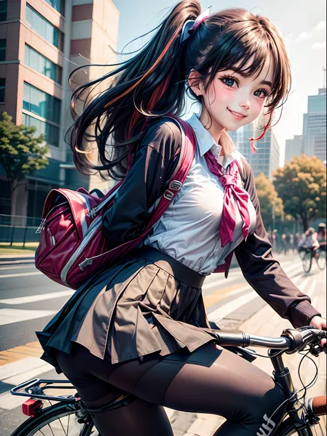 High school girl uniform multicolored in black tights riding a bicycle　Dynamic　a smile　commuting to school