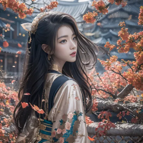 32K（tmasterpiece，k hd，hyper HD，32K）Long flowing black hair，ponds，zydink， a color， Aozhou people （Concubine girl）， （Silk scarf）， Combat posture， looking at the ground， long whitr hair， Floating hair， Carp pattern headdress， Chinese long-sleeved clothing， （a...