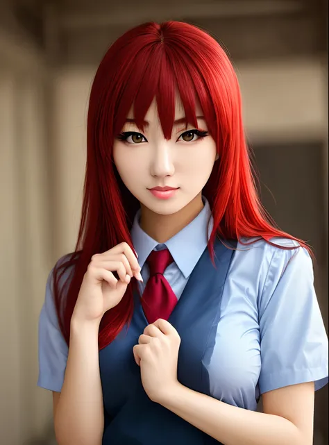 Red hair, female Ranma, beautiful school uniform, best background, focused on face, small boobs, focus on fingers, beautiful hairs