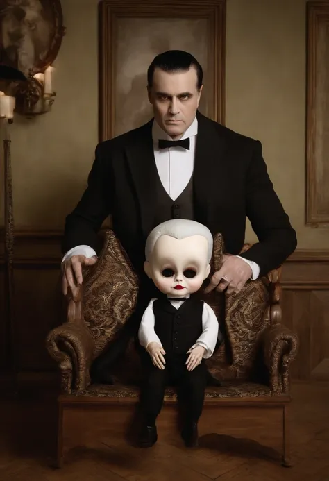 Homem de terno e gravata sentado ao lado de um boneco, Mark Ryden no estilo de, Erwin Olavo, fobia de boneca, inspirado em Gottfried Helnwein, Neto de Benjamin, goth family, Estilo Mark Ryden, Quarta-feira Addams, assustador!!, Vampiro, the addams family, ...