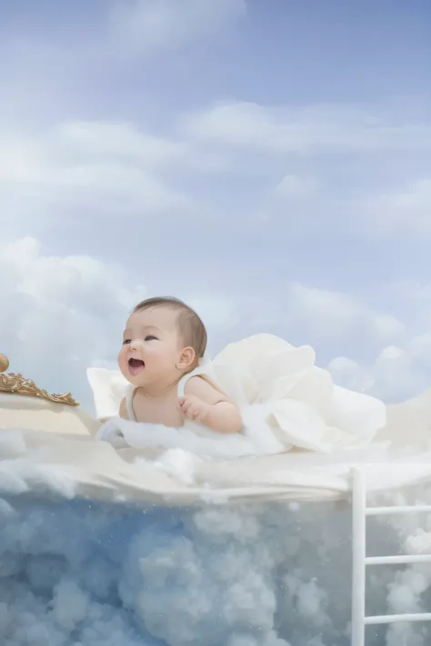 there is a baby sitting on a ladder in the clouds, lie on white clouds fairyland, sitting in a fluffy cloud, in the white clouds fairyland, in white clouds fairyland, in a cloud, girl clouds, standing on a cloud, running and falling on clouds, “puffy cloud...