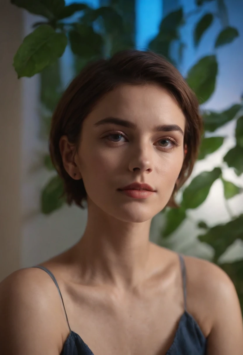 90s style short haired woman, on her back in her bedroom, side blue lighting, projected shadows, plants and bed in the background, close up shot, bokeh style, high quality photo,upper body