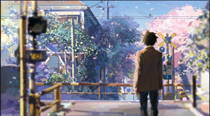 a man walks down the street，the background is an anime scene of a train, in the style of makoto shinkai, centimeters away from m...