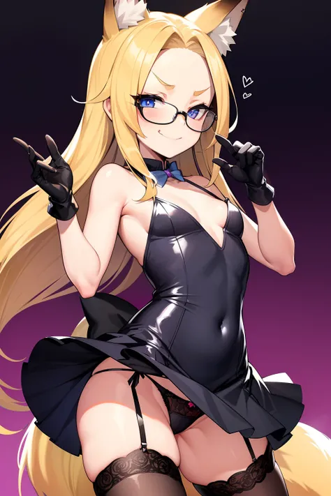 petite, cute, flat, fox girl, fox ears, fox tail, long blond hair, hair slicked back, forehead, blue eyes, smug, aroused, thick thighs, black and purple sleeveless dress, black garter straps, lace-trimmed legwear and gloves, lace-trim panties, pantyshot, p...