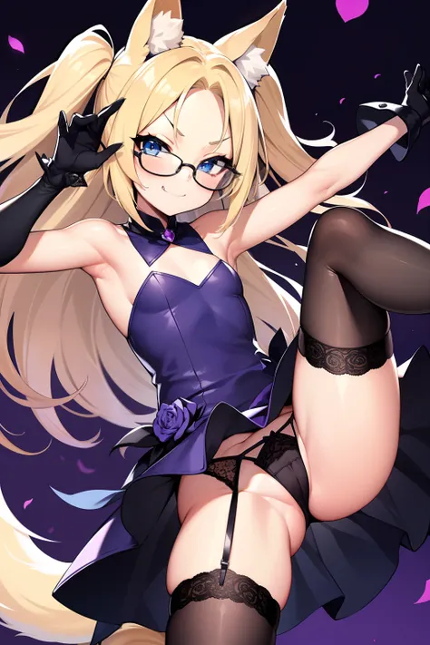 petite, cute, flat, fox girl, fox ears, fox tail, long blond hair, hair slicked back, forehead, blue eyes, smug, aroused, thick thighs, black and purple sleeveless dress, black garter straps, lace-trimmed legwear and gloves, lace-trim panties, pantyshot, p...