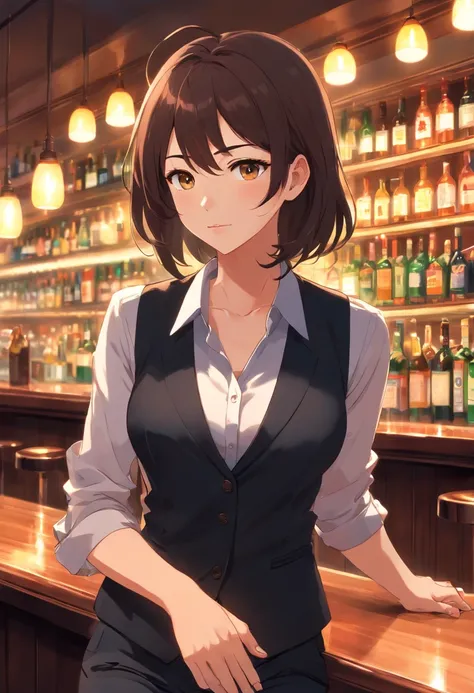 mature female with dark brown long hair, Wear a black business vest, wear black business pants, assis au bar, Lampes UV