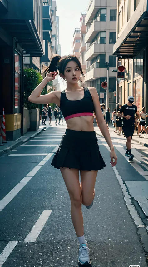 Envision a vibrant scene where an energetic anime girl takes to the streets in a spirited jog, wearing a stylish sports bra and a flouncy short skirt. The creative lighting style enhances the dynamic atmosphere, casting a captivating glow on her as she mov...