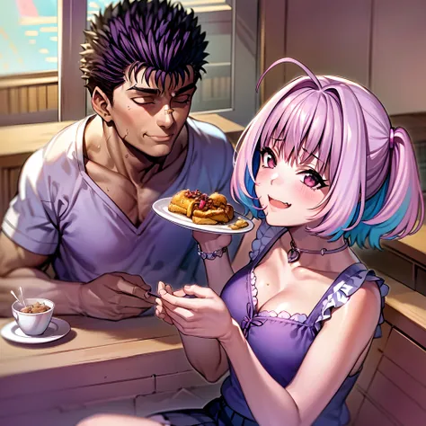 masterpiece, best quality, 1girl, riamu, blue shirt, pleated skirt, solo, simple background, riamu and guts, husband and wife, couple happy in a beach, , purple hair,1boy, in couple, affection, love,relationship, lovey dovey, happy, , smile, , eating food ...