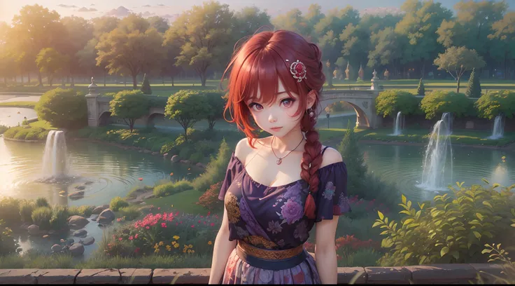 ultra detail, best quality, 4k, from anime to semi realistic style, outdoor, backyard, topiary, river bridge, palace garden, sunrise, morning light shines up the dust, dept off field, an 16 year old girl, beautiful : 1.2 + cute, medium long shoot, focus on...