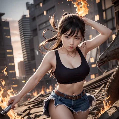 (in 8K、RAW Photos、top-quality、​masterpiece:1.2)、(realisitic、Photorealsitic:1.37)、ultra-detailliert、超A high resolution、Japan women desperately fleeing King Ghidorah in devastated Tokyo、dishevled hair、The tank top is dirty、Torn skirt、Running through the rubb...