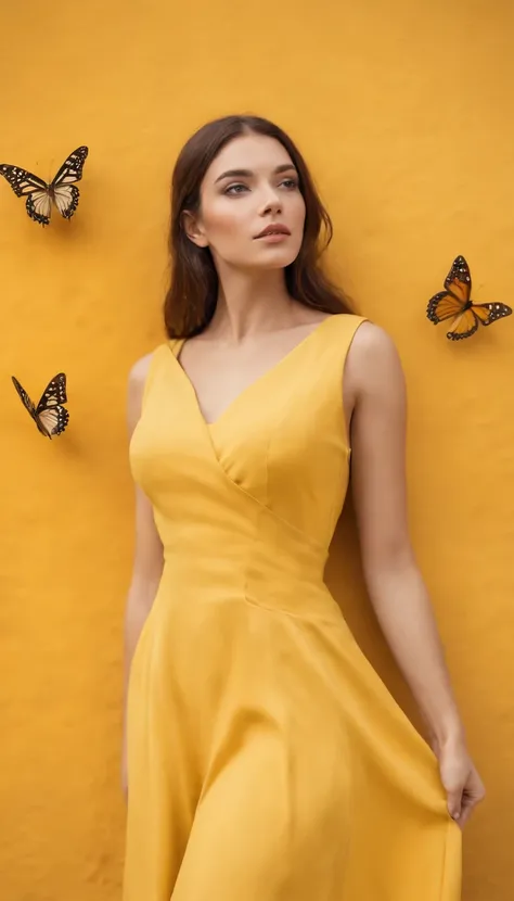 araffe woman in yellow dress standing in front of a wall with butterflies, ((upper body)),a portrait inspired by national geographic, pexels contest winner, street art, yellow butterflies, butterflies, yellow clothes, butterfly, fine art fashion photograph...